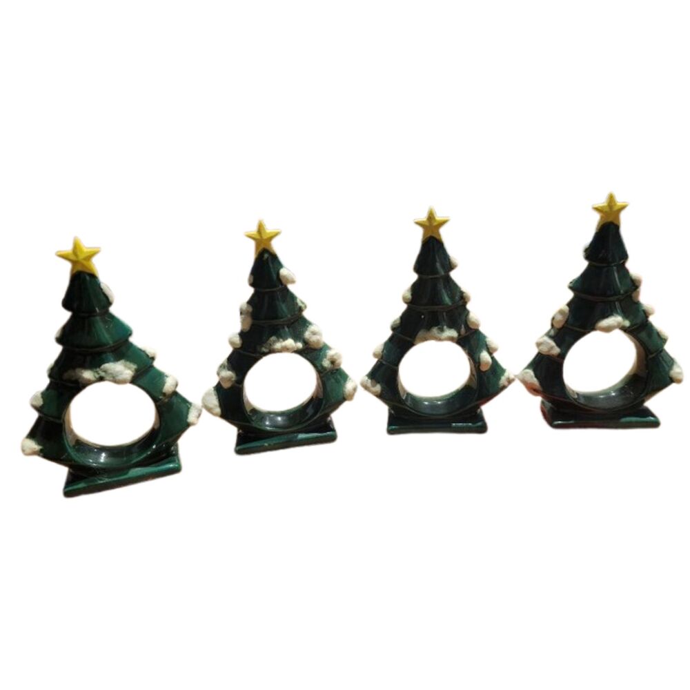 T2 Lot of 4 Vintage Christmas Tree Napkin Rings Snowy Ceramic Green Yellow Star